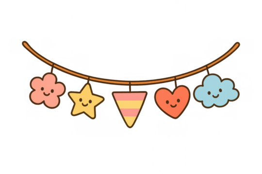 Kawaii style cartoon garland showing happy star cloud heart and flower shapes ideal for celebration decoration