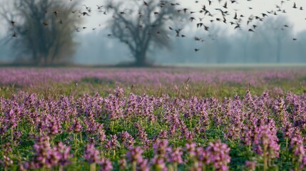 Naklejka premium Henbit In Grass. Spring Landscape with Blooming Wildflowers in Green Field