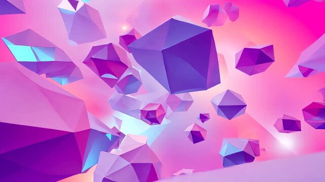 Opening camera pushing through floating polyhedral cluster, showing glowing purple pink blue shapes