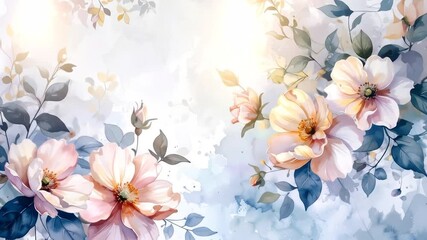 A floral watercolor painting with soft pink and yellow flowers, leaves, and a dreamy background - Powered by Adobe