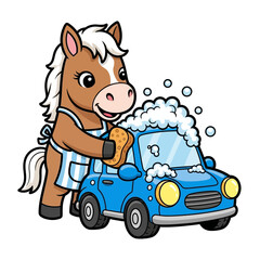 Vector Illustration of Cartoon Horse Washing Blue Car. Funny with Sponge and Bubbles