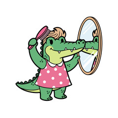 Vector Illustration of Cartoon Crocodile Female Wearing Pink Polka Dot Dress Brushing Hair and Looking in the Handheld Mirror