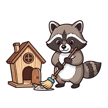 Vector Illustration of Cartoon Raccoon Sweeping Dust Next to Wooden House for Cleaning Chores and Housekeeping Illustration