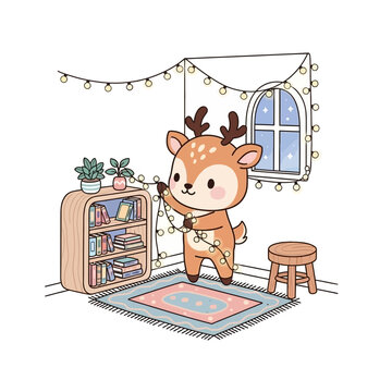 Vector Illustration of Cartoon Deer Hanging String Lights in a Cozy Room for Winter Holidays or Christmas Illustration.