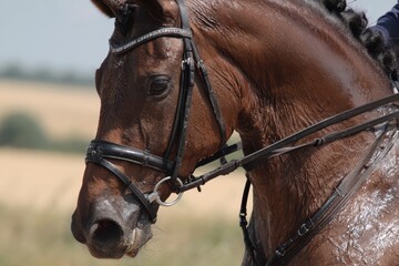 Obraz premium Horse Sweating. Close-Up Portrait of English Pony Rider Galloping Through Stubble Fields