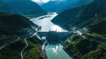 Aerial photography of water conservancy project dam clean energy power station industry background