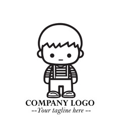 Black and White Chibi Boy Illustration with Jacket and Boots in Bold Thick Line Art Minimal Style
