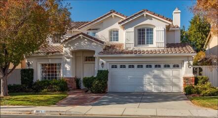 House in the Suburbs with California Garage Door: Residential Architecture and Front Yard Lawn
