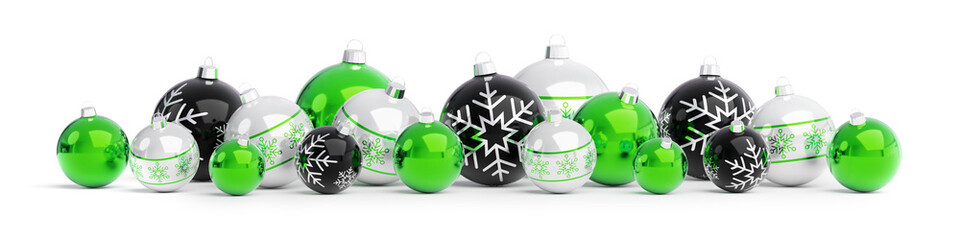 Isolated Christmas baubles on white. Green, black and silver colors. 3D rendering