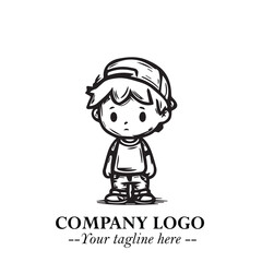 Black and White Chibi Boy Illustration with Jacket and Boots in Bold Thick Line Art Minimal Style
