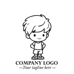 Black and White Chibi Boy Illustration with Jacket and Boots in Bold Thick Line Art Minimal Style
