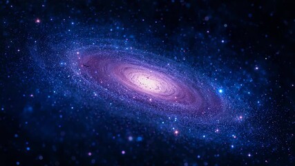 Maintaining camera view of spiral galaxy shimmering in deep space revealing arms and glowing core - Powered by Adobe