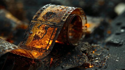 Glowing embers heating film coil bubbling, blistering and melting on charred ash bed, with droplets - Powered by Adobe