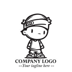 Black and White Chibi Boy Illustration with Jacket and Boots in Bold Thick Line Art Minimal Style
