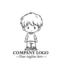 Black and White Chibi Boy Illustration with Jacket and Boots in Bold Thick Line Art Minimal Style
