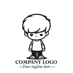 Black and White Chibi Boy Illustration with Jacket and Boots in Bold Thick Line Art Minimal Style
