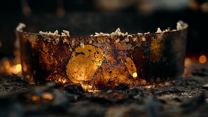 Fire igniting inside rusted ring with holes causing glowing on burnt ground, with flickering embers - Powered by Adobe