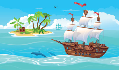 Deck on a pirate ship with cannons, pirate flag, barrels and boxes and with a treasure chest with an island on the horizon. Hand drawing game background. Vector. Cartoon style illustration.