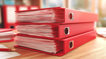 Red office binders stacked on wooden desk workplace