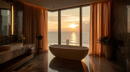 Obraz na płótnie Canvas Relaxing bath with sea view sunlight reflection luxury