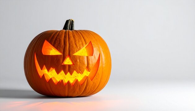 Carved Halloween pumpkin with glowing interior and flame emerging from top, menacing face featuring sharp eyes, triangular nose, and jagged-tooth mouth, set against dark backdrop.