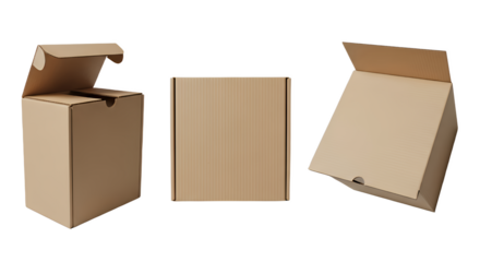 Set of Brown Cardboard Boxes Mockup Isolated on Transparent Background – Packaging Design Template for Branding Presentation
