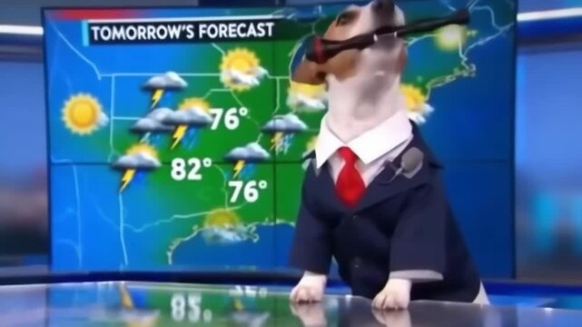 Dog dressed as a news weather presenter standing in front of a weather forecast display