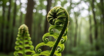 Unfurling fern fronds in a sun-dappled, green forest