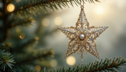 Elegant Gold Filigree Star Ornament Hanging From a Christmas Tree for Holiday Decor.