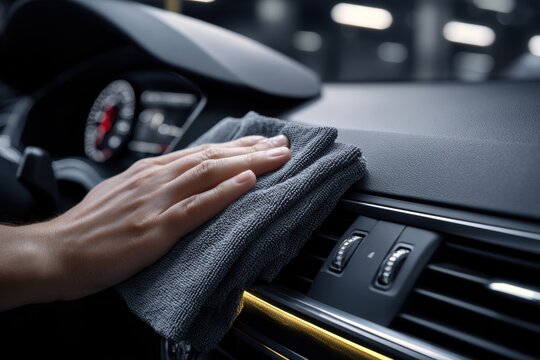 Hand wiping car dashboard with microfiber cloth cleanliness focus. Concept of auto detailing, professional service, car care, maintenance expressing satisfaction and precision.