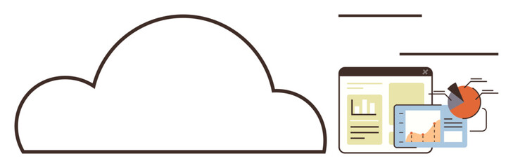 Cloud network outline linked to digital data insights, including tablet, pie chart, and bar graph. Ideal for technology, analytics, storage, finance marketing innovation strategy. Simple flat