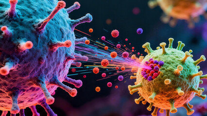 Pathogen Interaction and Microbial Communication Visualization: Material Transfer Between Blue-Green Viral Particles, Revealing Microscopic Dynamics of Virus Communication and Infection