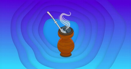 Displaying gourd steaming beverage in digital paper-cut hues, with bombilla and swirling steam