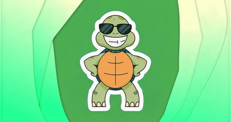 Sporting cartoon turtle sticker posing on green gradient background, with sunglasses, white border