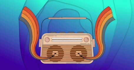 Emitting box radio projecting rainbow ribbon waves in vector-art background, with speakers