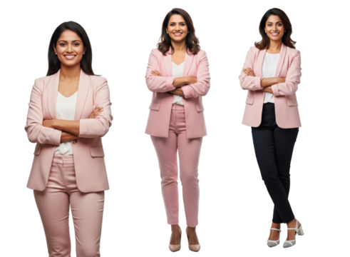 Diverse of Indian young business women standing confident in pink blazer outfit isolated on white or transparent background