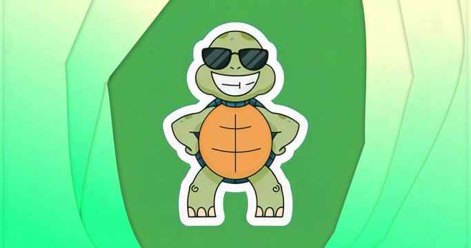 Sporting cartoon turtle sticker posing on green gradient background, with sunglasses, white border