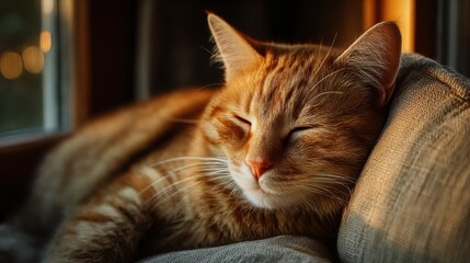Cozy orange cat relaxing on a soft couch near a window during golden hour light