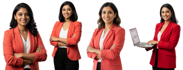 Diverse of Indian business women standing confident in red blazer outfit isolated on white or transparent background