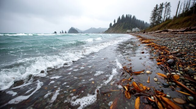 Waves gently lap at a rocky shore with scattered leaves and trees under a cloudy sky