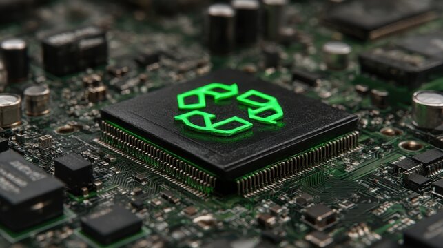 Green recycling symbol on a computer circuit board during an electronics repair project