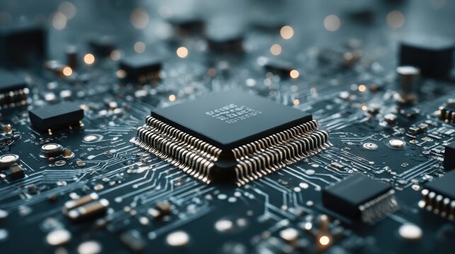 Close-up view of a microchip on a circuit board surrounded by electronic components in a tech lab