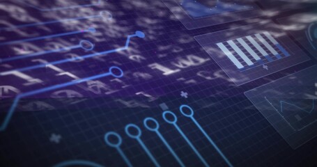 Displaying interface overlay in dashboard, with grid and circuit nodes, translucent panels