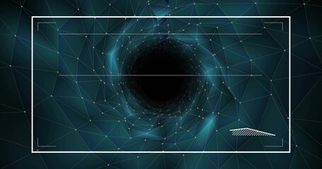Rendering vortex in virtual tunnel, with glowing mesh nodes, white HUD corner markers and bar graph