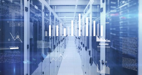 Highlighting data center aisle featuring server racks, raised floor tiles and analytics overlays