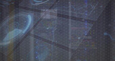 Displaying server rack assembly in data center, with holographic analytics overlay and LED lights