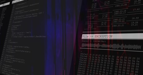 Displaying monitor showing code editor with encryption panel on dashboard, with hex dump output