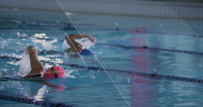 Racing swimmer wearing pink cap goggles performing backstroke in pool, lane dividers, copy space