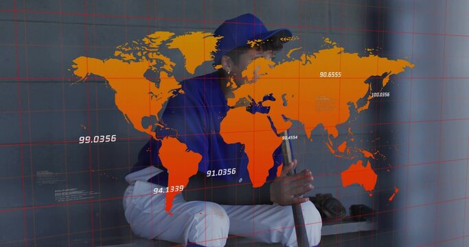 Player wearing batting uniform gripping bat on dugout bench with glove, showing orange map overlay