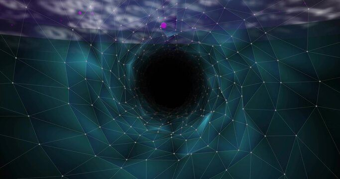 Displaying dark central void opening in 3D mesh tunnel, with polygonal lines and network nodes - Powered by Adobe